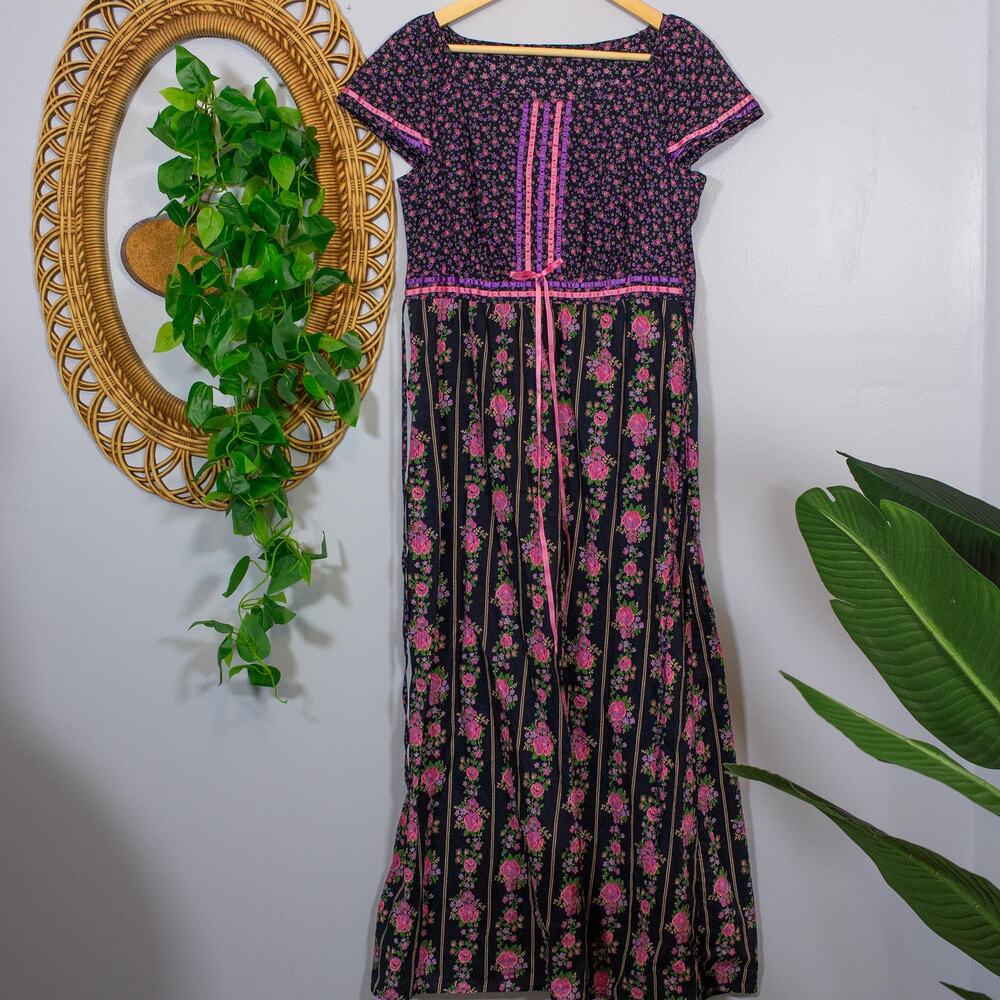 Handmade Black Pink Floral Prairie Maxi Dress Rickrack Cottagecore Dark Winter
